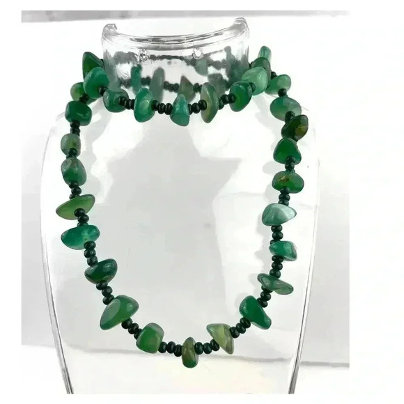 Natural Stone Green Agate Nugget Rock Beaded Necklace Seed Bead 20" - Picture 12 of 15
